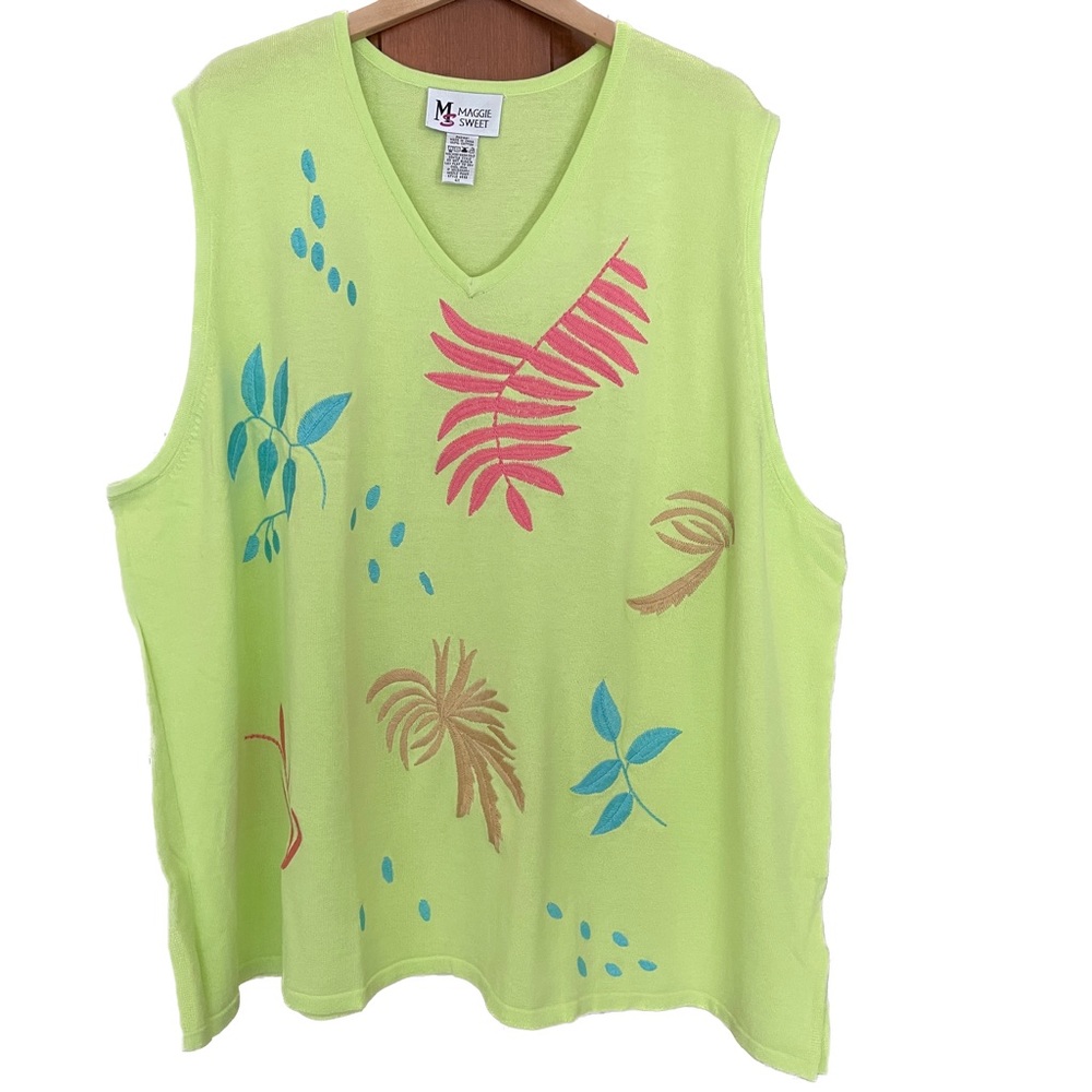 MAGGIE SWEET 100% Cotton Embroidered Lime Green Palm Trees Knit Tank, Size 4X